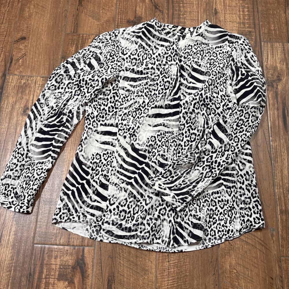 Lafayette 148 New York Button Up Silk Black White Animal Print Blouse Size 6